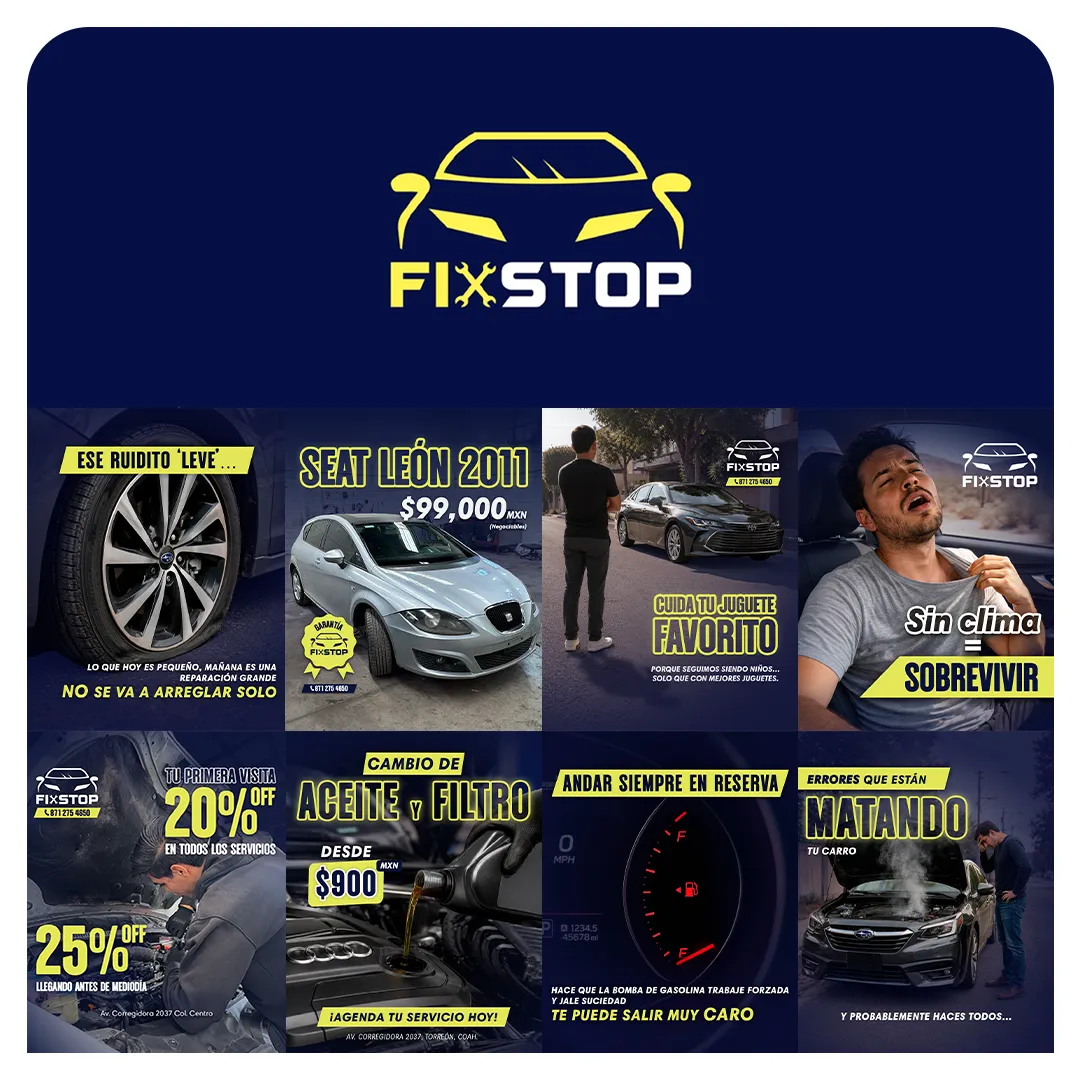 Contenido de redes sociales para el taller Fixstop.