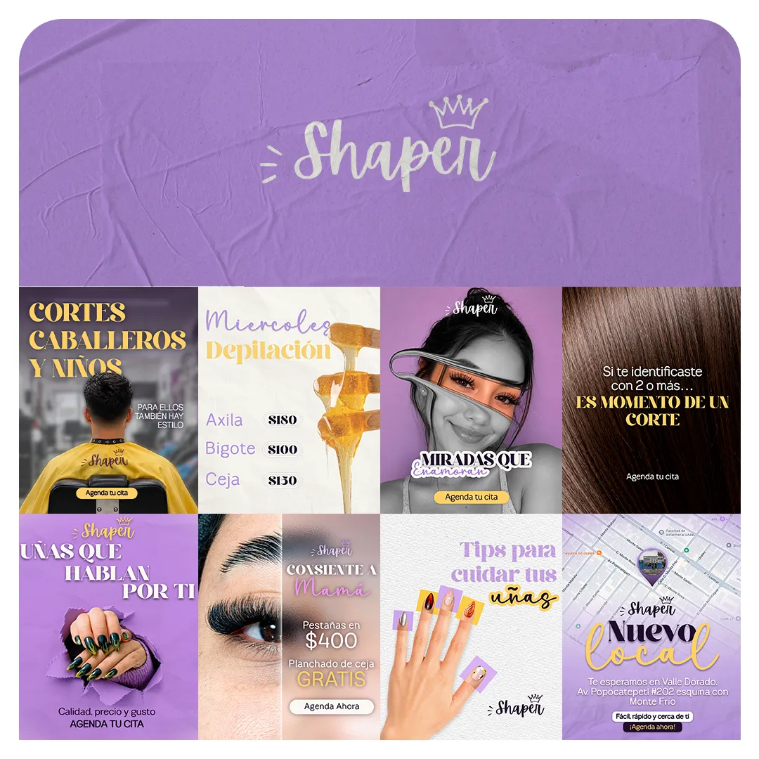 Contenido de redes sociales para el salón de belleza Shaper.