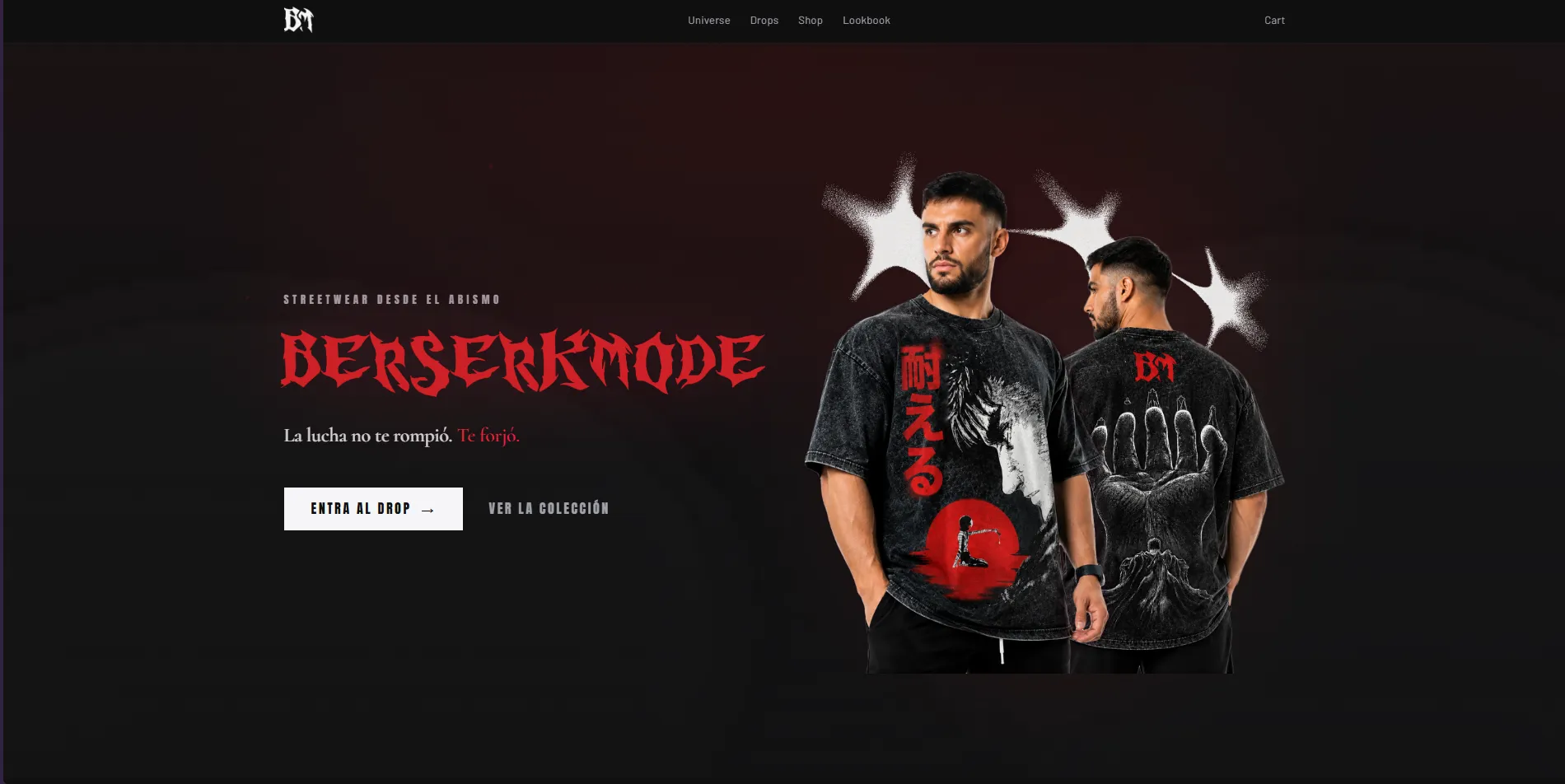 Tienda en línea de la marca de streetwear Berserkmode, con catálogo, carrito y página de drop.